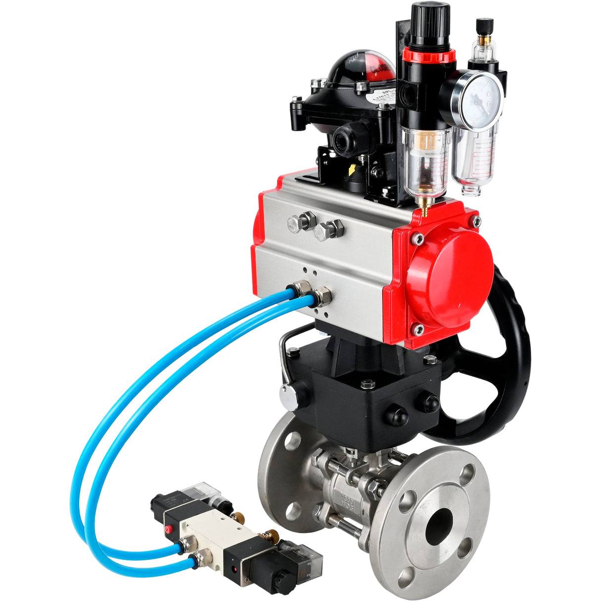 Ball valves Elephant BV3232P(3pc)-FP-F-ISO-H, body material - Stainless steel AISI 316, seal - PTFE / PTFE / Teflon, with pneumatic actuator double action PA-DA, 4V320-10 220V, LSU APL-210N, handwheel MON, ATU AFC2000