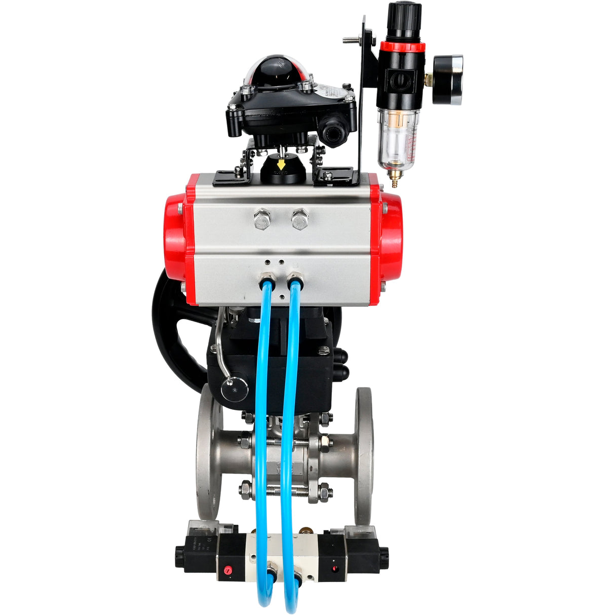 Ball valves Elephant BV3131P(3pc)-FP-F-ISO-H, body material - Stainless steel AISI 304, seal - PTFE / PTFE / Teflon, with pneumatic actuator double action PA-DA, 4V320-10 220V, LSU APL-210N, handwheel MON, ATU AFC2000