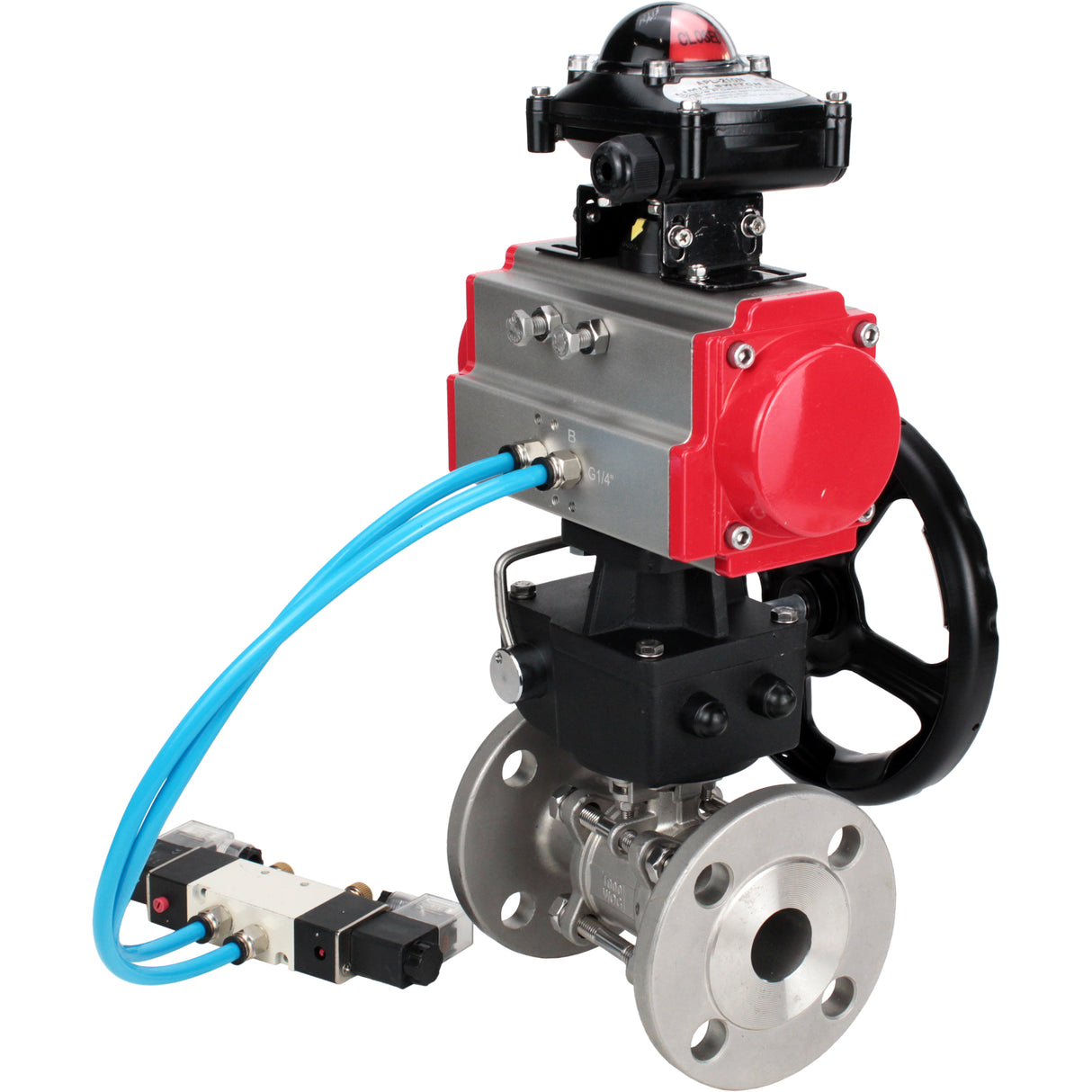 Ball valves Elephant BV3131P(3pc)-FP-F-ISO-H DN15-40 16 bar, three-piece full bore flanged, stainless steel SS304, PTFE, with double-acting PA-DA pneumatic actuator, with pneumatic distributor 4V320-08 220V, with LSU APL- 210N, manual Doubler MON1-250-T26