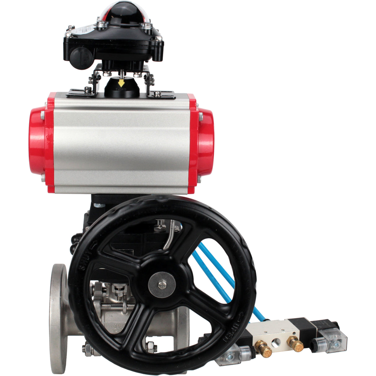 Ball valves Elephant BV3131P(3pc)-FP-F-ISO-H DN15-40 16 bar, three-piece full bore flanged, stainless steel SS304, PTFE, with double-acting PA-DA pneumatic actuator, with pneumatic distributor 4V320-08 220V, with LSU APL- 210N, manual Doubler MON1-250-T26