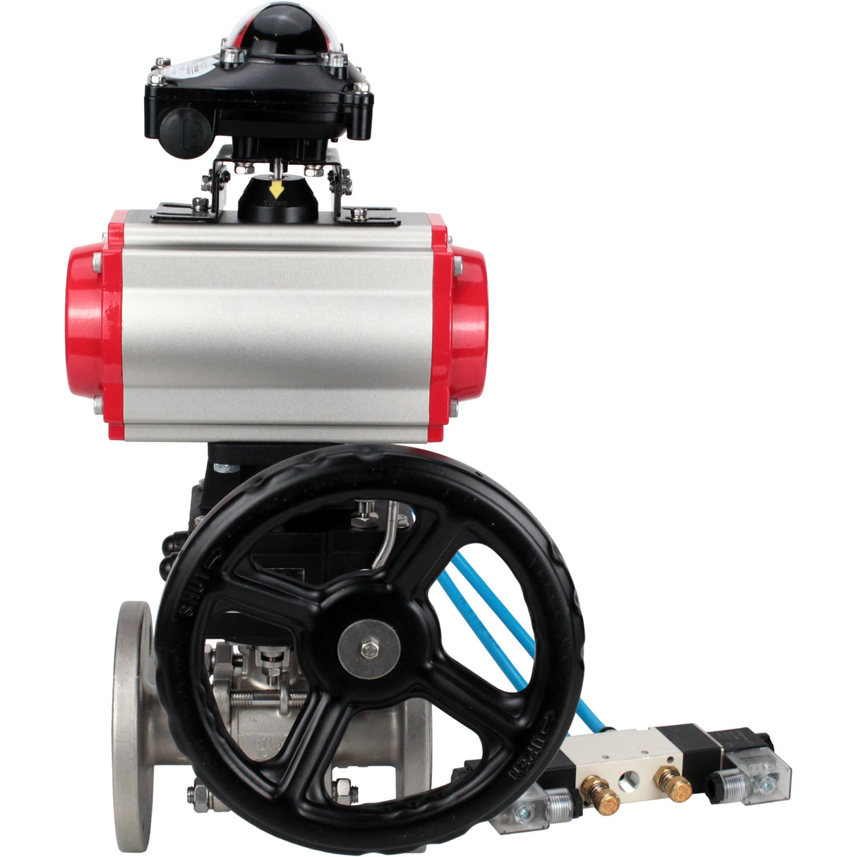 Ball valves Elephant BV3131P(3pc)-FP-F-ISO-H, body material - Stainless steel AISI 304, seal - PTFE / PTFE / Teflon, with pneumatic actuator double action PA-DA, 4V320-10 220V, LSU APL-210N, handwheel MON