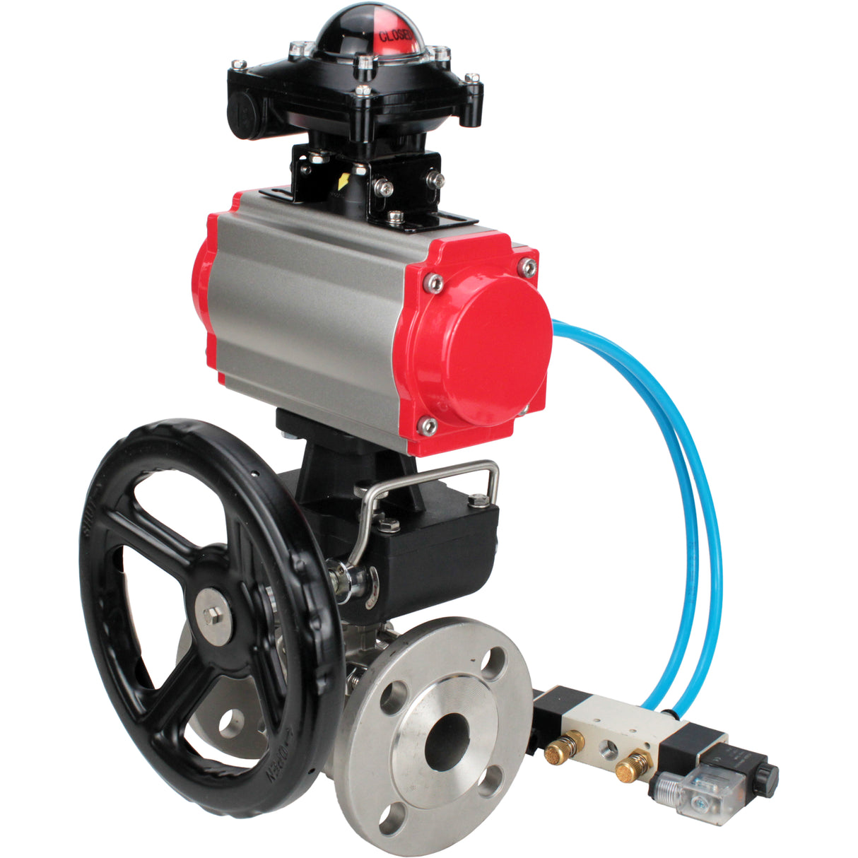 Ball valves Elephant BV3131P(3pc)-FP-F-ISO-H DN15-40 16 bar, three-piece full bore flanged, stainless steel SS304, PTFE, with double-acting PA-DA pneumatic actuator, with pneumatic distributor 4V320-08 220V, with LSU APL- 210N, manual Doubler MON1-250-T26