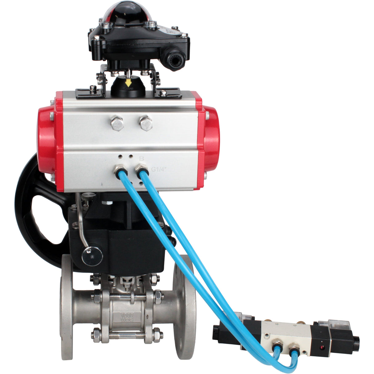 Ball valves Elephant BV3131P(3pc)-FP-F-ISO-H, body material - Stainless steel AISI 304, seal - PTFE / PTFE / Teflon, with pneumatic actuator double action PA-DA, 4V320-10 220V, LSU APL-210N, handwheel MON