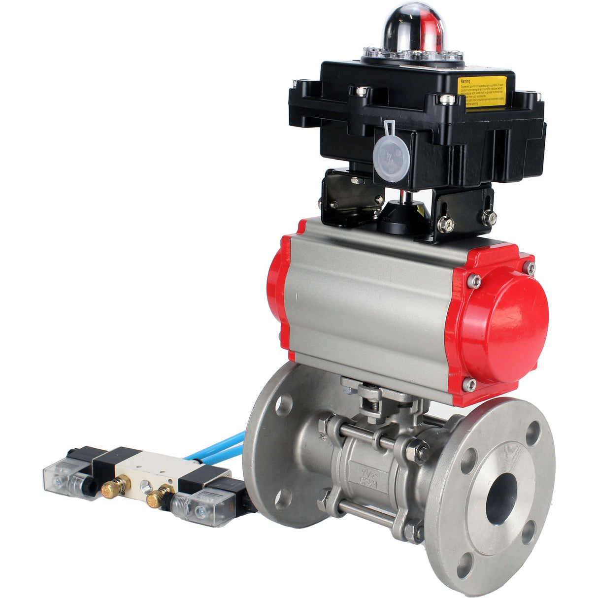 Ball valves Elephant BV3232P(3pc)-FP-F-ISO-H 16 bar, three-piece full bore flanged, stainless steel SS304, seal - PTFE, with double-acting PA-DA pneumatic actuator, with pneumatic distributor 4V320-08 220V, with LSU APL-410N EX