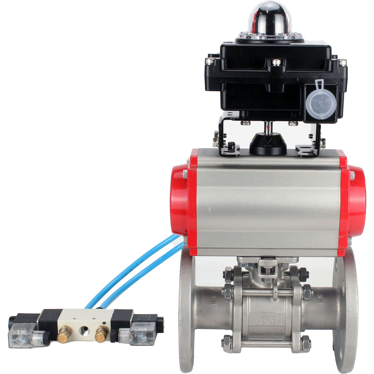 Ball valves Elephant BV3131P(3pc)-FP-F-ISO-H 16 bar, three-piece full bore flanged, stainless steel SS304, seal - PTFE, with double-acting PA-DA pneumatic actuator, with pneumatic distributor 4V320-10 220V, with LSU APL-410N EX