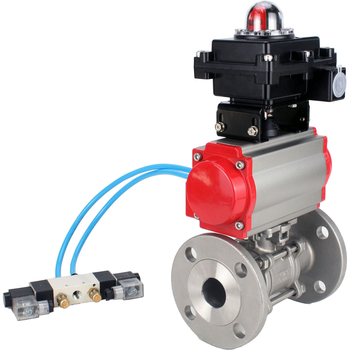 Ball valves Elephant BV3232P(3pc)-FP-F-ISO-H 16 bar, three-piece full bore flanged, stainless steel SS304, seal - PTFE, with double-acting PA-DA pneumatic actuator, with pneumatic distributor 4V320-10 220V, with LSU APL-410N EX