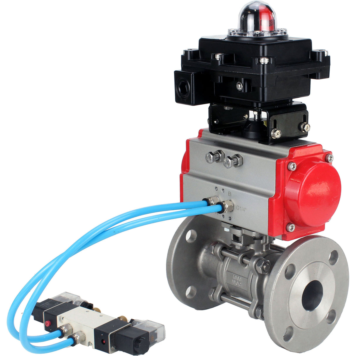 Ball valves Elephant BV3131P(3pc)-FP-F-ISO-H 16 bar, three-piece full bore flanged, stainless steel SS304, seal - PTFE, with double-acting PA-DA pneumatic actuator, with pneumatic distributor 4V320-08 220V, with LSU APL-410N EX