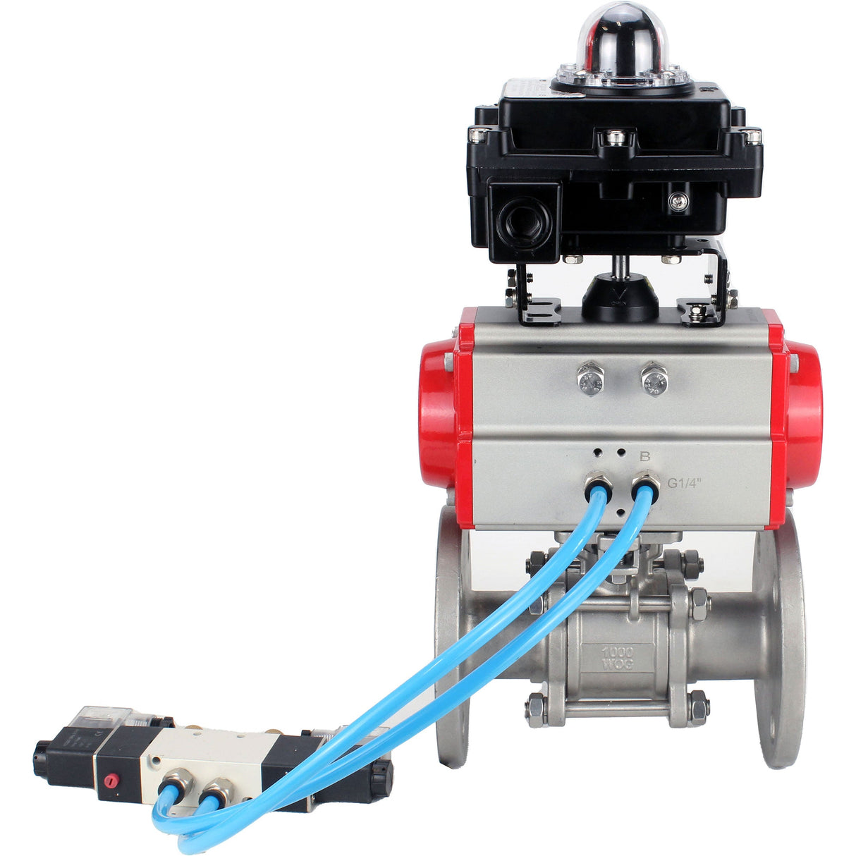 Ball valves Elephant BV3232P(3pc)-FP-F-ISO-H 16 bar, three-piece full bore flanged, stainless steel SS304, seal - PTFE, with pneumatic actuator PA-SA with return springs, with pneumatic distributor 4V320-10 220V, with LSU APL-410N EX