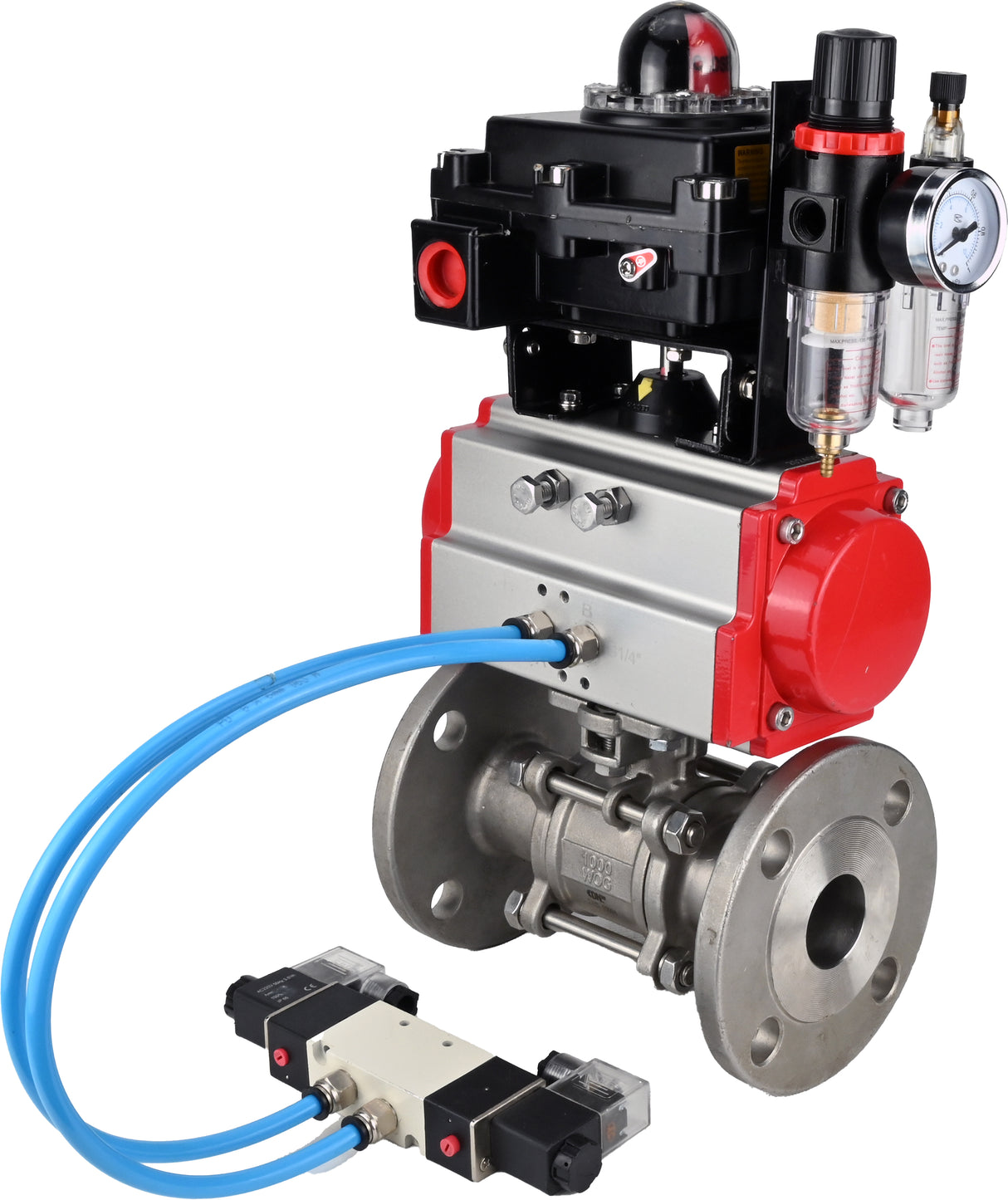 Ball valves Elephant BV3131P(3pc)-FP-F-ISO-H 16 bar, three-piece full bore flanged, stainless steel SS304, seal - PTFE, with double-acting PA-DA pneumatic actuator, with pneumatic distributor 4V320-10 220V, with LSU APL-410N EX, with ATU AFC200