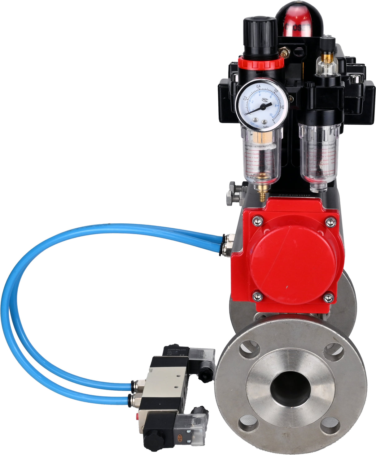 Ball valves Elephant BV3131P(3pc)-FP-F-ISO-H 16 bar, three-piece full bore flanged, stainless steel SS304, seal - PTFE, with double-acting PA-DA pneumatic actuator, with pneumatic distributor 4V320-10 220V, with LSU APL-410N EX, with ATU AFC200