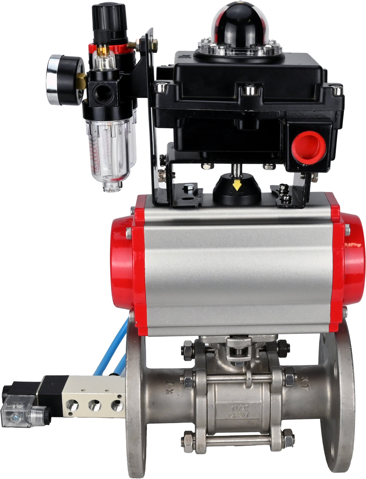 Ball valves Elephant BV3131P(3pc)-FP-F-ISO-H 16 bar, three-piece full bore flanged, stainless steel SS304, seal - PTFE, with double-acting PA-DA pneumatic actuator, with pneumatic distributor 4V320-10 220V, with LSU APL-410N EX, with ATU AFC200