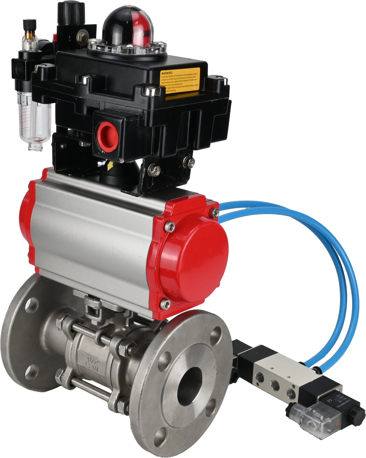 Ball valves Elephant BV3131P(3pc)-FP-F-ISO-H 16 bar, three-piece full bore flanged, stainless steel SS304, seal - PTFE, with double-acting PA-DA pneumatic actuator, with pneumatic distributor 4V320-10 220V, with LSU APL-410N EX, with ATU AFC200