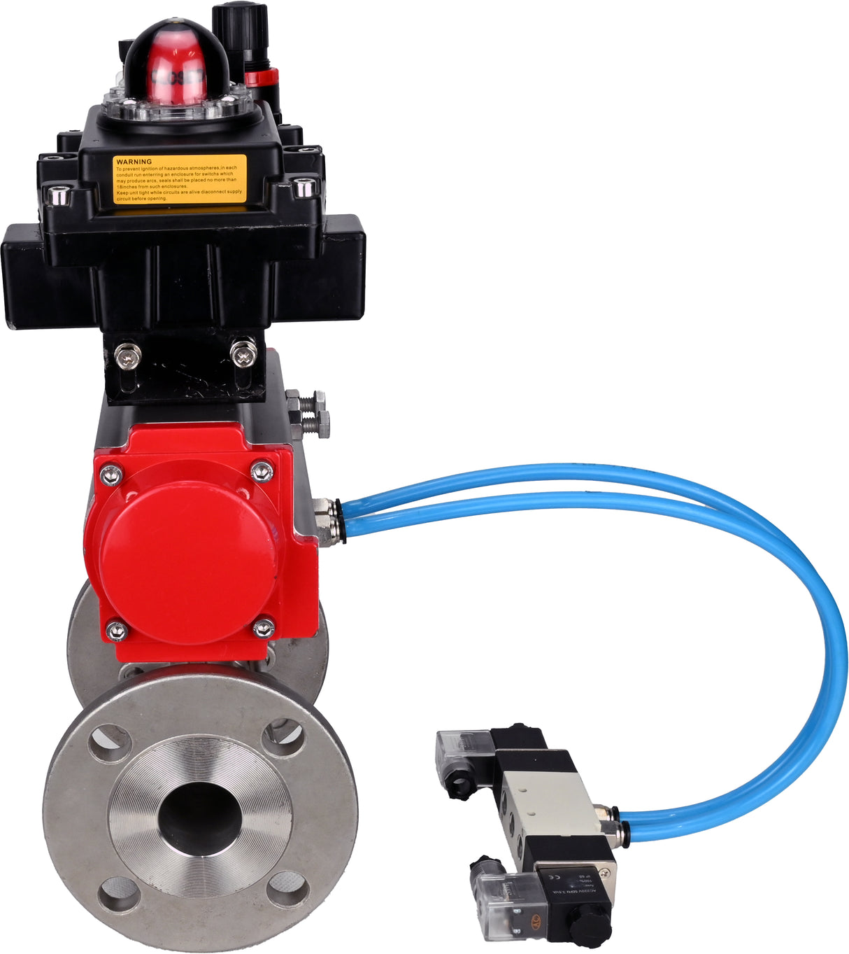 Ball valves Elephant BV3131P(3pc)-FP-F-ISO-H 16 bar, three-piece full bore flanged, stainless steel SS304, seal - PTFE, with double-acting PA-DA pneumatic actuator, with pneumatic distributor 4V320-10 220V, with LSU APL-410N EX, with ATU AFC200