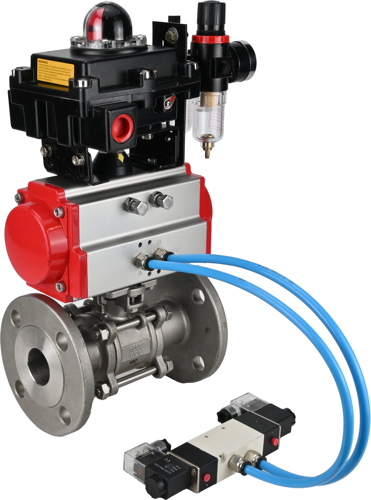 Ball valves Elephant BV3131P(3pc)-FP-F-ISO-H 16 bar, three-piece full bore flanged, stainless steel SS304, seal - PTFE, with double-acting PA-DA pneumatic actuator, with pneumatic distributor 4V320-10 220V, with LSU APL-410N EX, with ATU AFC200