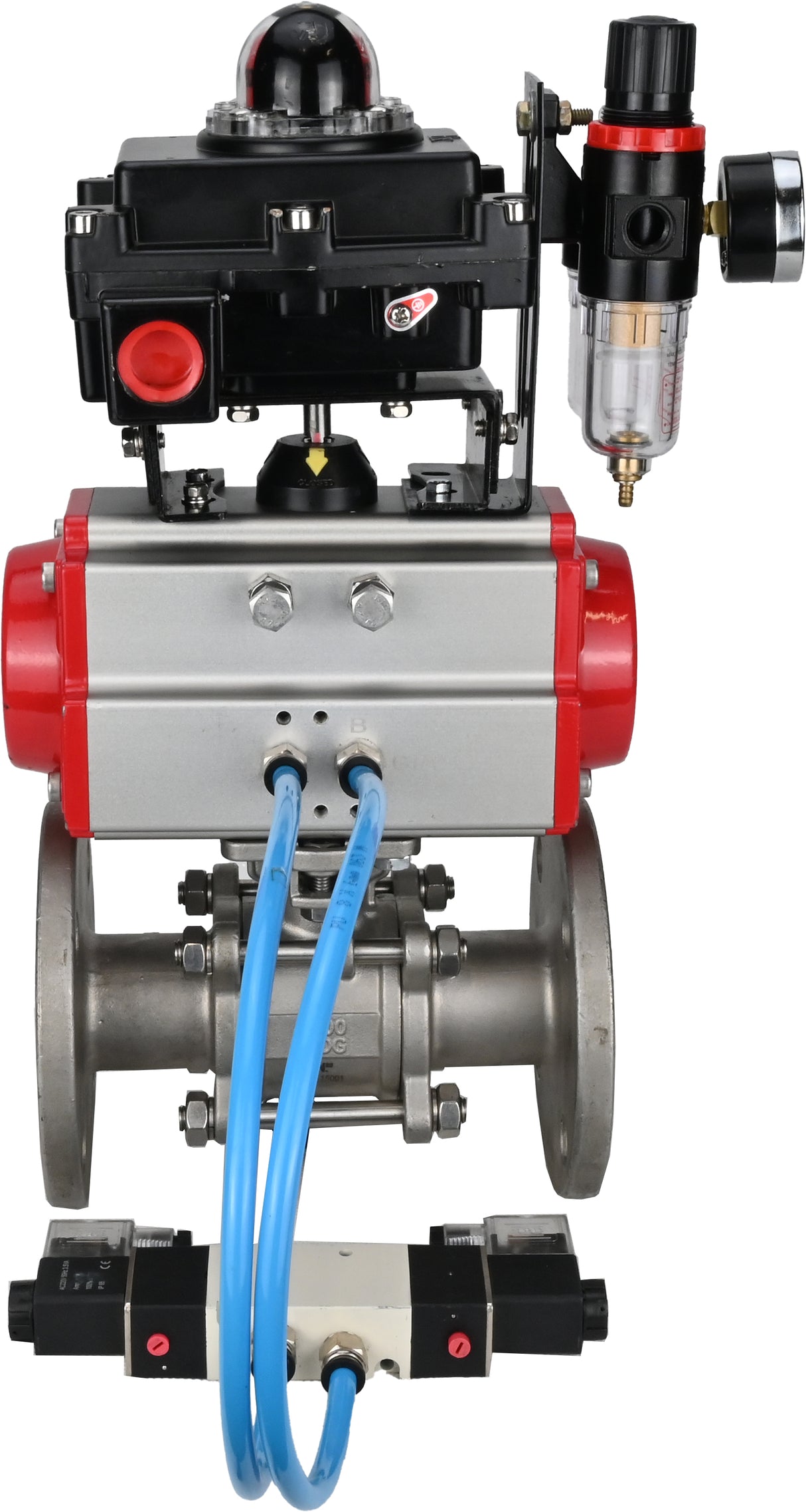 Ball valves Elephant BV3131P(3pc)-FP-F-ISO-H 16 bar, three-piece full bore flanged, stainless steel SS304, seal - PTFE, with double-acting PA-DA pneumatic actuator, with pneumatic distributor 4V320-10 220V, with LSU APL-410N EX, with ATU AFC200