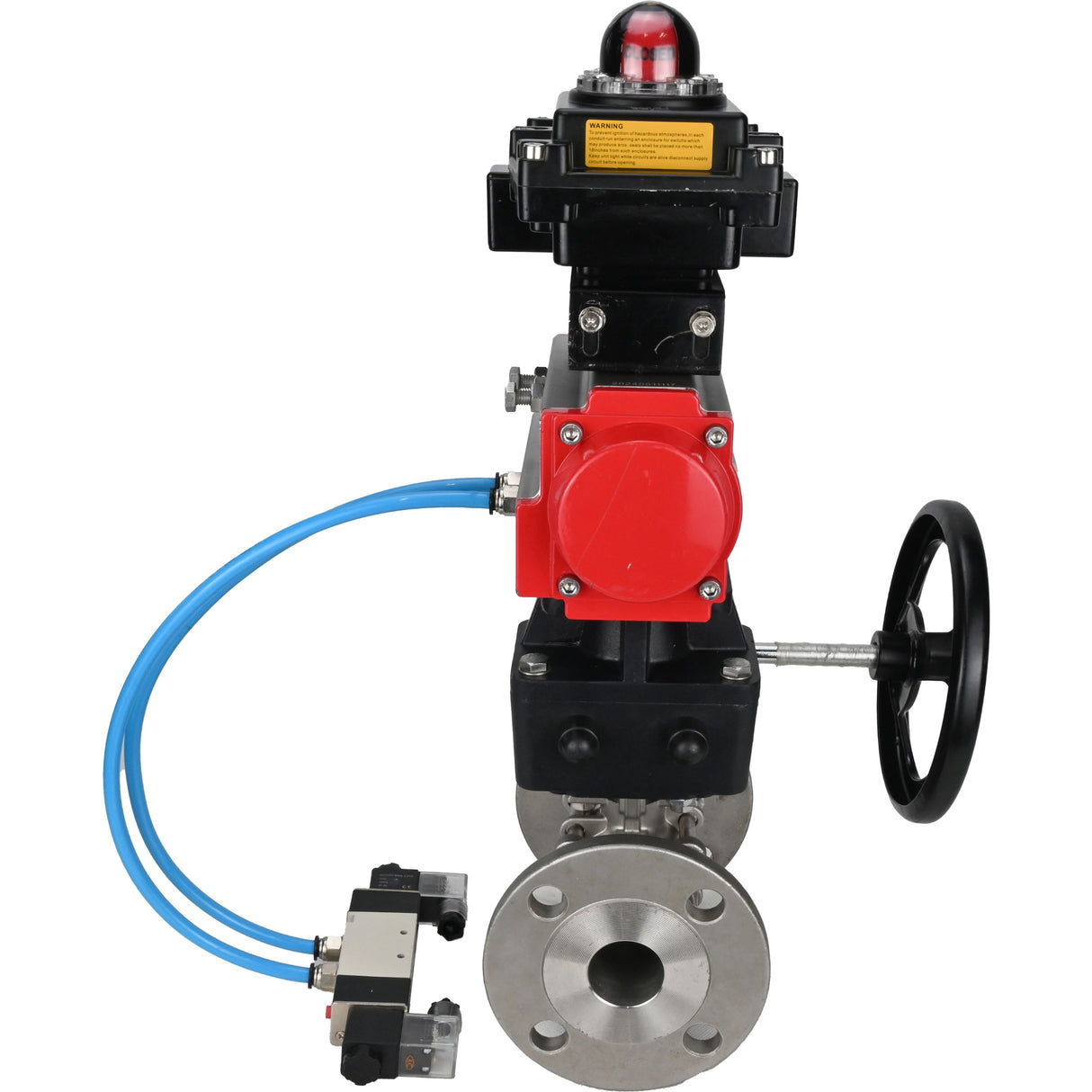 Ball valves Elephant BV3131P(3pc)-FP-F-ISO-H DN15-40 16 bar, three-piece full bore flanged, stainless steel SS304, PTFE, with pneumatic drive PA-DA, with pneumatic distributor 4V320-08 220V, with LSU APL-410N EX , manual Doubler MON1-250-T26-ISO