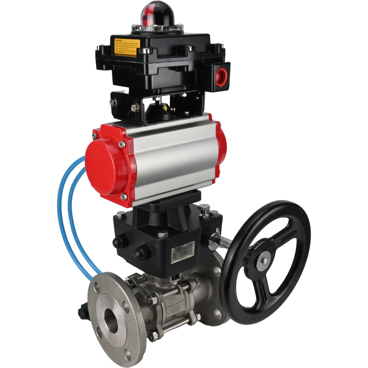 Ball valves Elephant BV3131P(3pc)-FP-F-ISO-H DN15-40 16 bar, three-piece full bore flanged, stainless steel SS304, PTFE, with pneumatic drive PA-DA, with pneumatic distributor 4V320-08 220V, with LSU APL-410N EX , manual Doubler MON1-250-T26-ISO