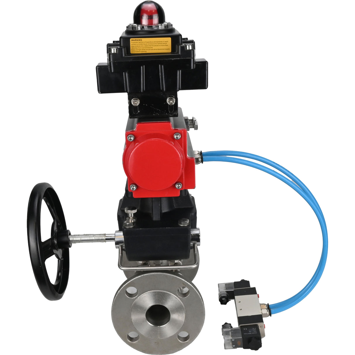 Ball valves Elephant BV3131P(3pc)-FP-F-ISO-H DN15-40 16 bar, three-piece full bore flanged, stainless steel SS304, PTFE, with pneumatic drive PA-DA, with pneumatic distributor 4V320-08 220V, with LSU APL-410N EX , manual Doubler MON1-250-T26-ISO