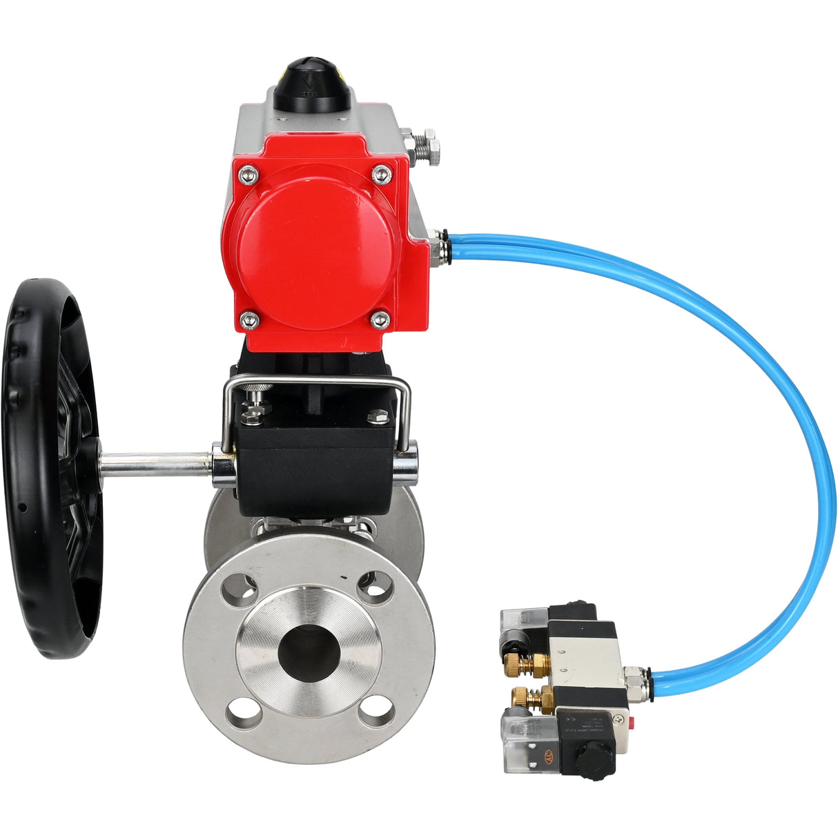 Ball valves Elephant BV3232P(3pc)-FP-F-ISO-H, body material - Stainless steel AISI 316, seal - PTFE / PTFE / Teflon, with pneumatic actuator double action PA-DA, 4V320-10 220V, handwheel MON