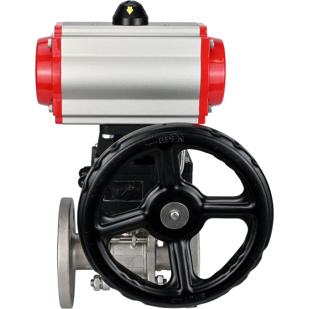 Ball valves Elephant BV3232P(3pc)-FP-F-ISO-H, body material - Stainless steel AISI 316, seal - PTFE / PTFE / Teflon, with pneumatic actuator double action PA-DA, 4V320-10 220V, handwheel MON