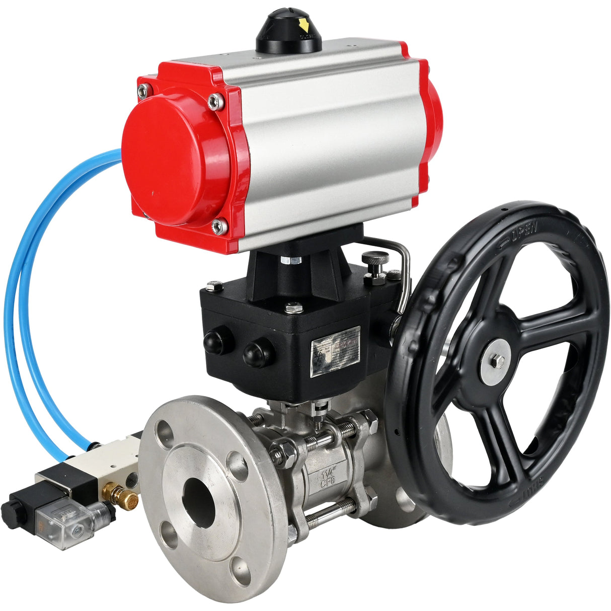 Ball valves Elephant BV3232P(3pc)-FP-F-ISO-H, three-piece full bore flanged, stainless steel SS304, seal - PTFE, with double-acting PA-DA pneumatic actuator, with pneumatic distributor 4V320-08 220V, with manual DNbler MON1-250-T26-I