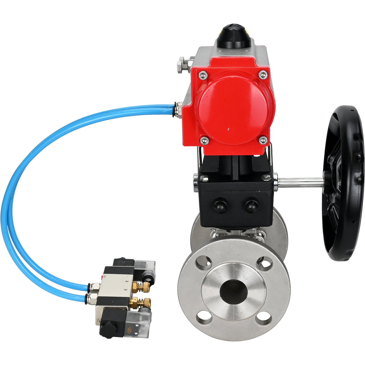 Ball valves Elephant BV3232P(3pc)-FP-F-ISO-H, body material - Stainless steel AISI 316, seal - PTFE / PTFE / Teflon, with pneumatic actuator double action PA-DA, 4V320-10 220V, handwheel MON