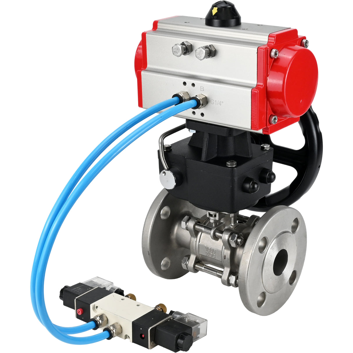 Ball valves Elephant BV3131P(3pc)-FP-F-ISO-H DN15-40 16 bar, three-piece full bore flanged, stainless steel SS304, seal - PTFE, with double-acting PA-DA pneumatic actuator, with pneumatic distributor 4V320-08 220V, with manual DNbler MON1-250-T26-I