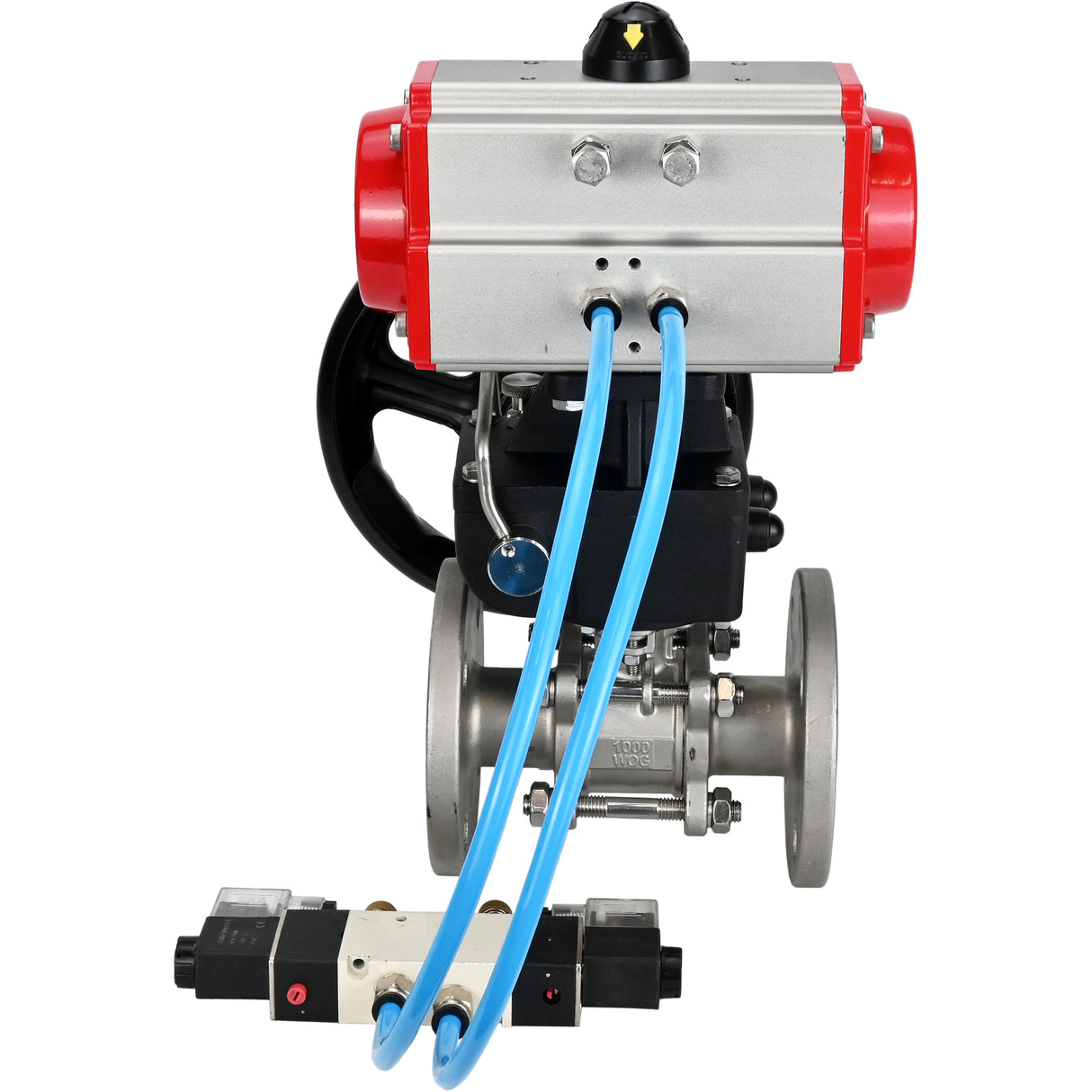 Ball valves Elephant BV3131P(3pc)-FP-F-ISO-H DN15-40 16 bar, three-piece full bore flanged, stainless steel SS304, seal - PTFE, with double-acting PA-DA pneumatic actuator, with pneumatic distributor 4V320-08 220V, with manual DNbler MON1-250-T26-I