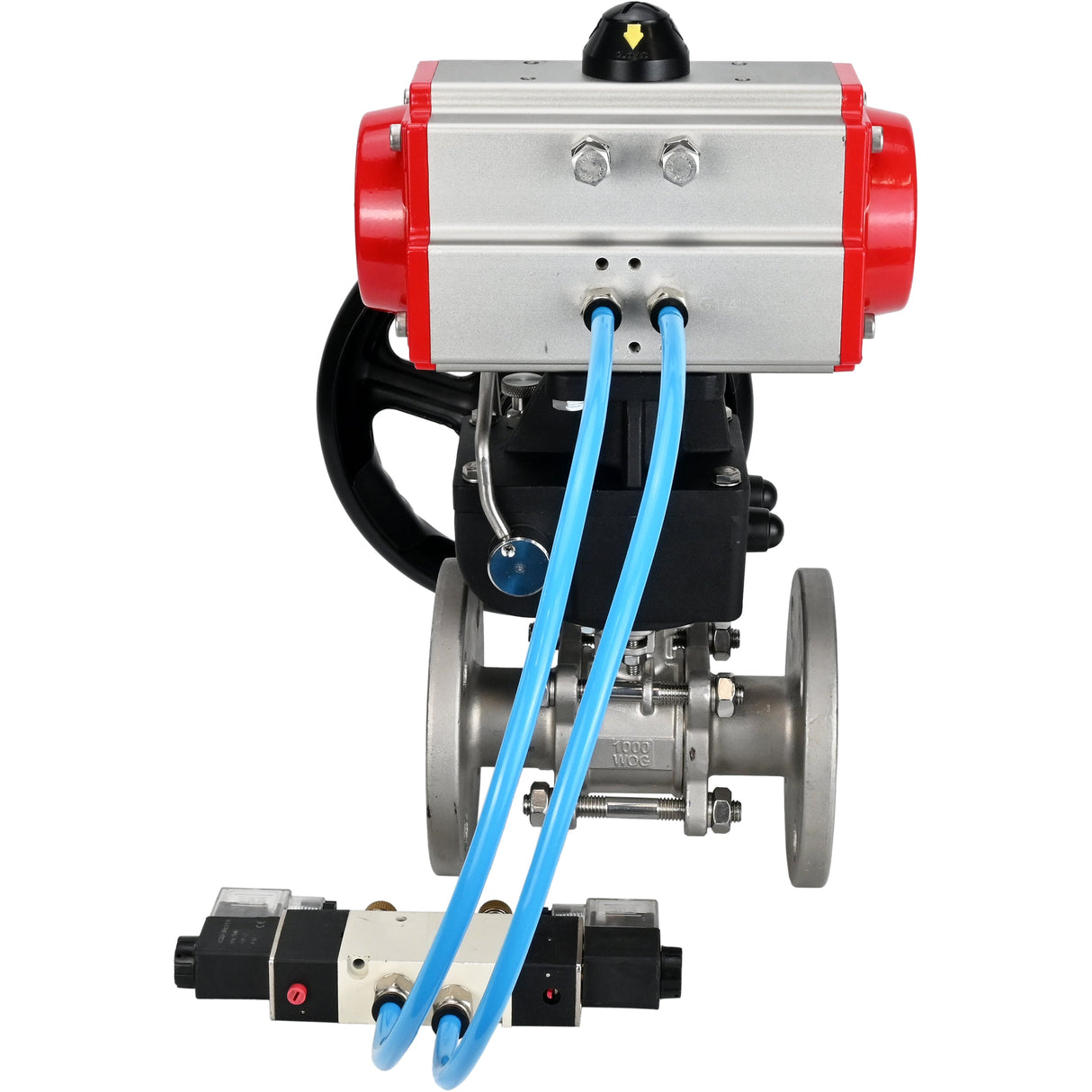 Ball valves Elephant BV3232P(3pc)-FP-F-ISO-H, three-piece full bore flanged, stainless steel SS304, seal - PTFE, with double-acting PA-DA pneumatic actuator, with pneumatic distributor 4V320-08 220V, with manual DNbler MON1-250-T26-I