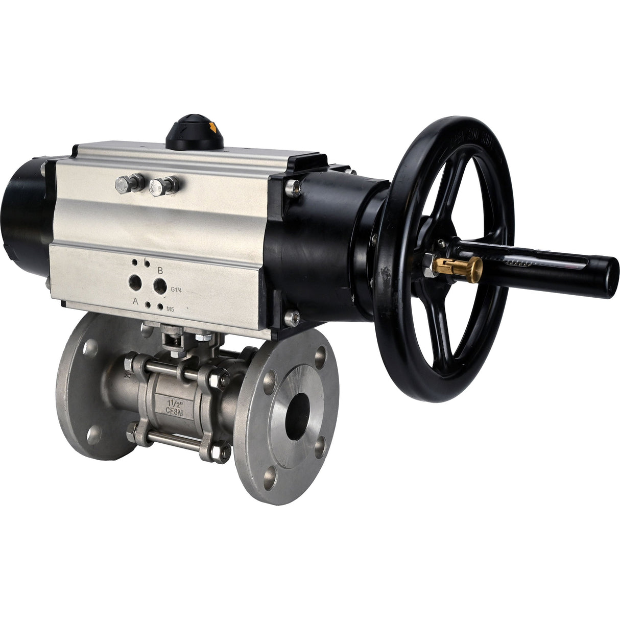 Robinets à boisseau sphérique Elephant BV3232P(3pc)-FP-F-ISO-H DN65-80 16 bar trois pièces à passage intégral à brides, corps - acier inoxydable SS304, joint - PTFE, avec actionneur pneumatique Elephant PA-DA