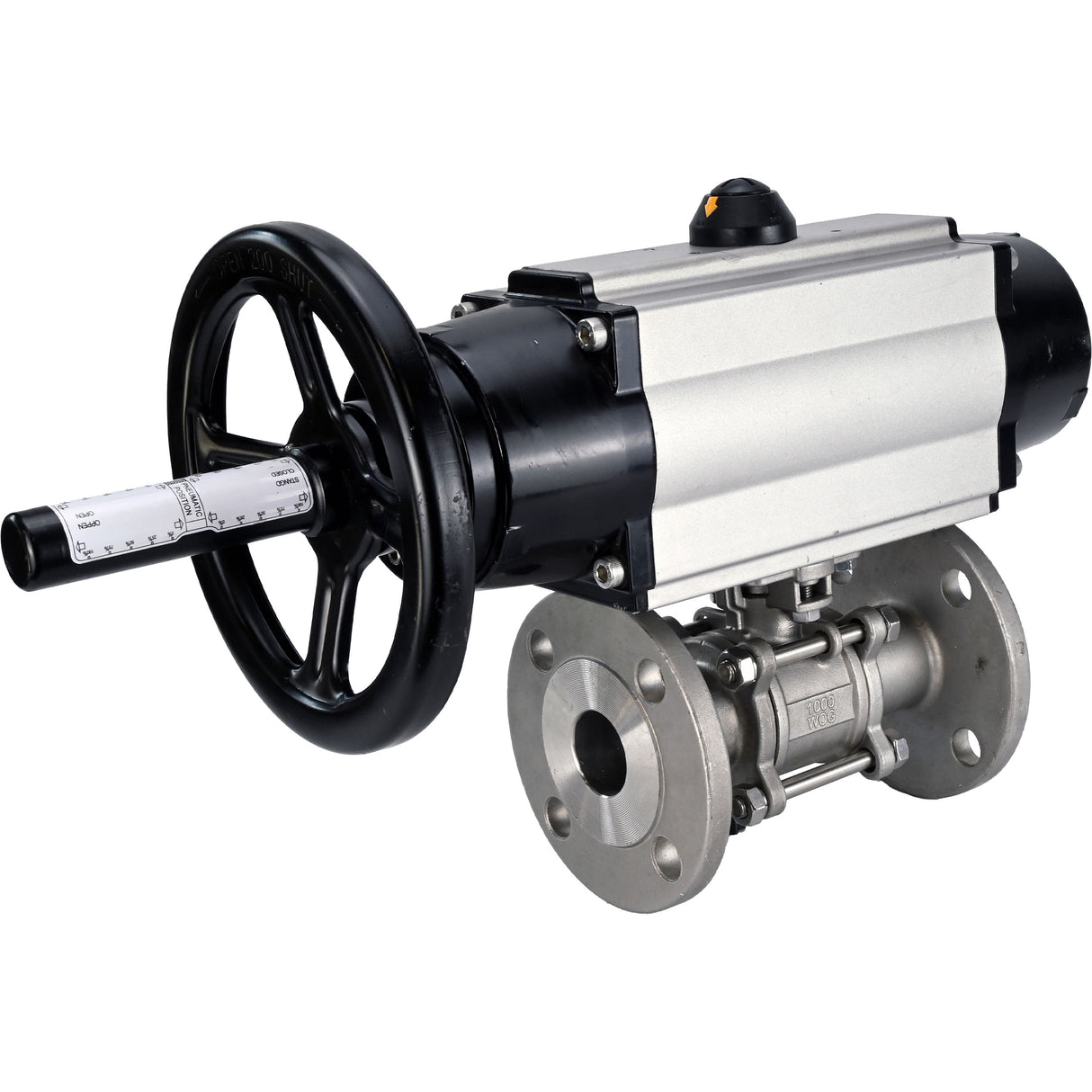 Robinets à boisseau sphérique Elephant BV3131P(3pc)-FP-F-ISO-H DN65-80 16 bar trois pièces à passage intégral à brides, corps - acier inoxydable SS304, joint - PTFE, avec actionneur pneumatique Elephant PA-DA-105-1