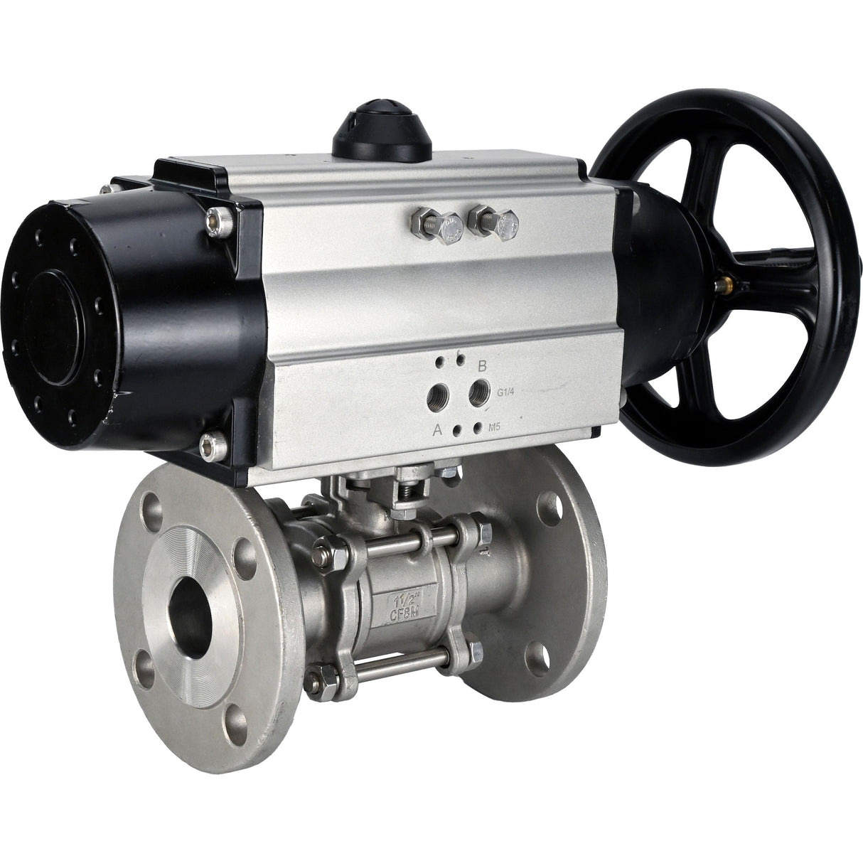 Robinets à boisseau sphérique Elephant BV3232P(3pc)-FP-F-ISO-H DN65-80 16 bar trois pièces à passage intégral à brides, corps - acier inoxydable SS304, joint - PTFE, avec actionneur pneumatique Elephant PA-DA