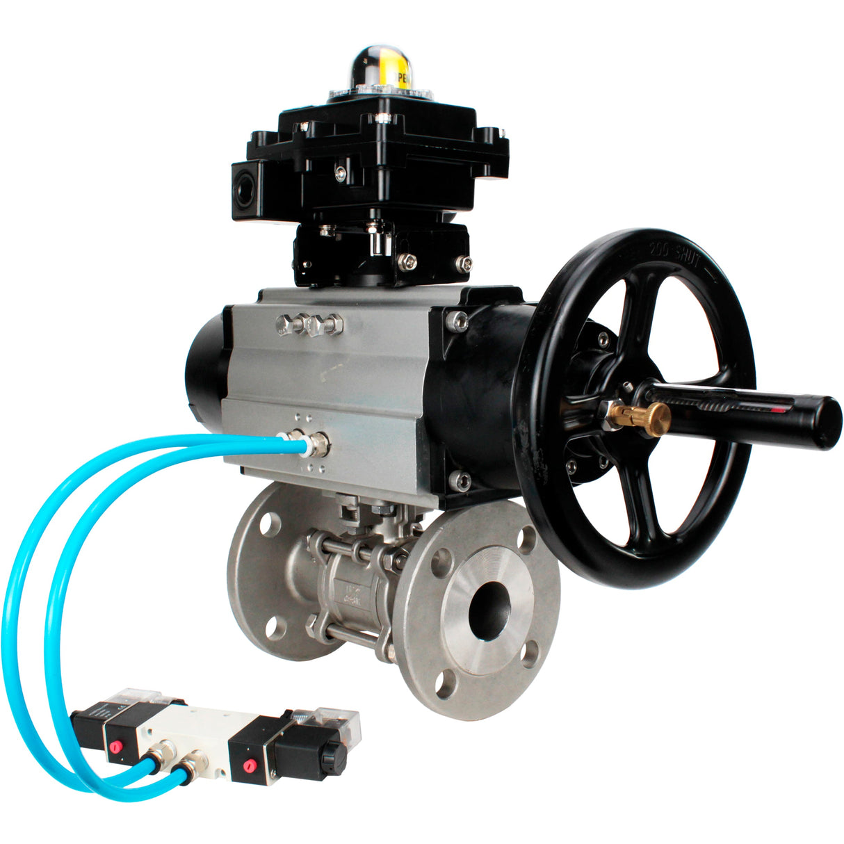 Ball valves Elephant BV3232P(3pc)-FP-F-ISO-H DN65-80 16 bar, three-piece full bore flanged, stainless steel SS304, seal - PTFE, with pneumatic actuator PA-DA-105-1 double acting, with pneumatic distributor 4V320-08 220V, with LSU APL-410N EX