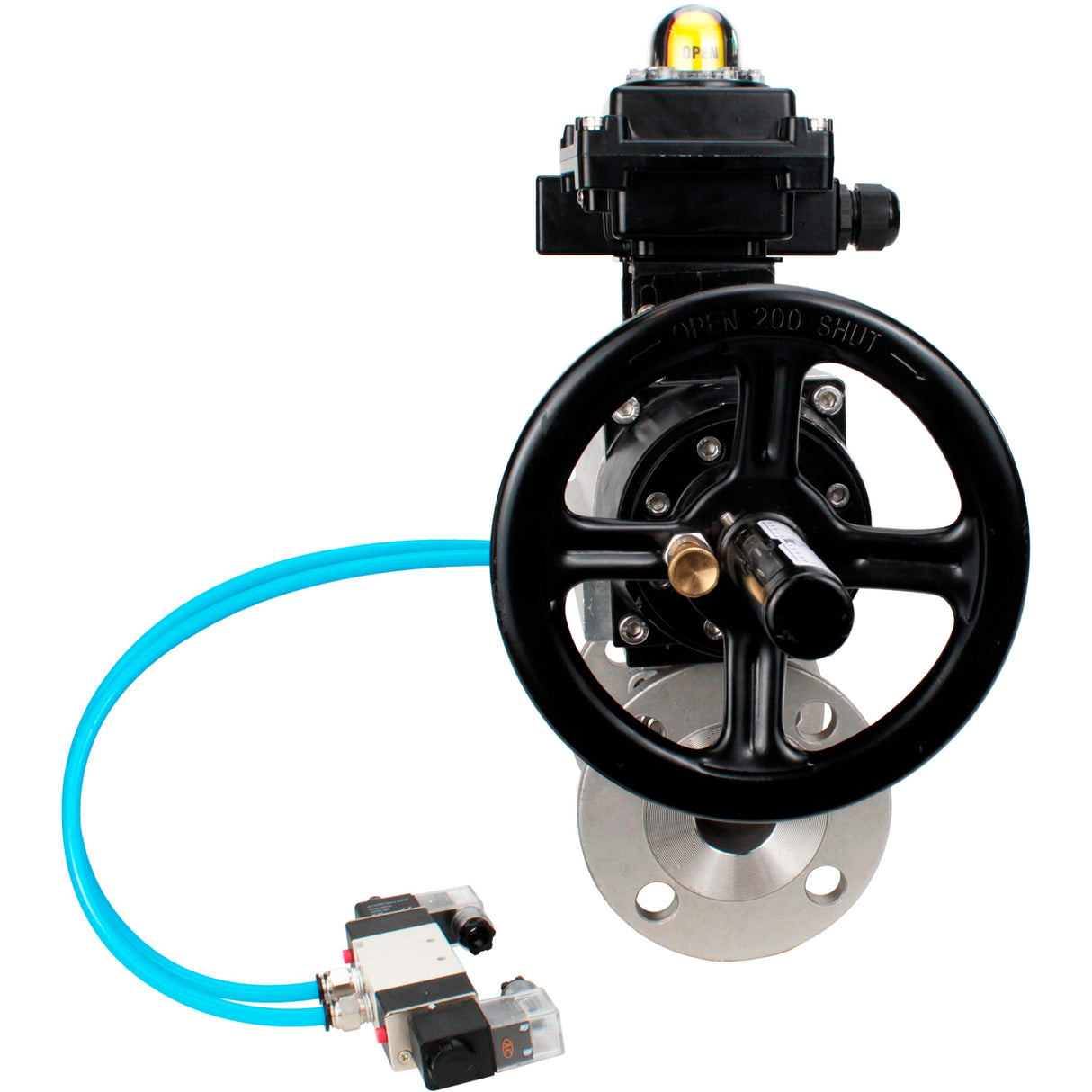 Ball valves Elephant BV3232P(3pc)-FP-F-ISO-H DN65-80 16 bar, three-piece full bore flanged, stainless steel SS304, seal - PTFE, with pneumatic actuator PA-DA-105-1 double acting, with pneumatic distributor 4V320-10 220V, with LSU APL-410N EX