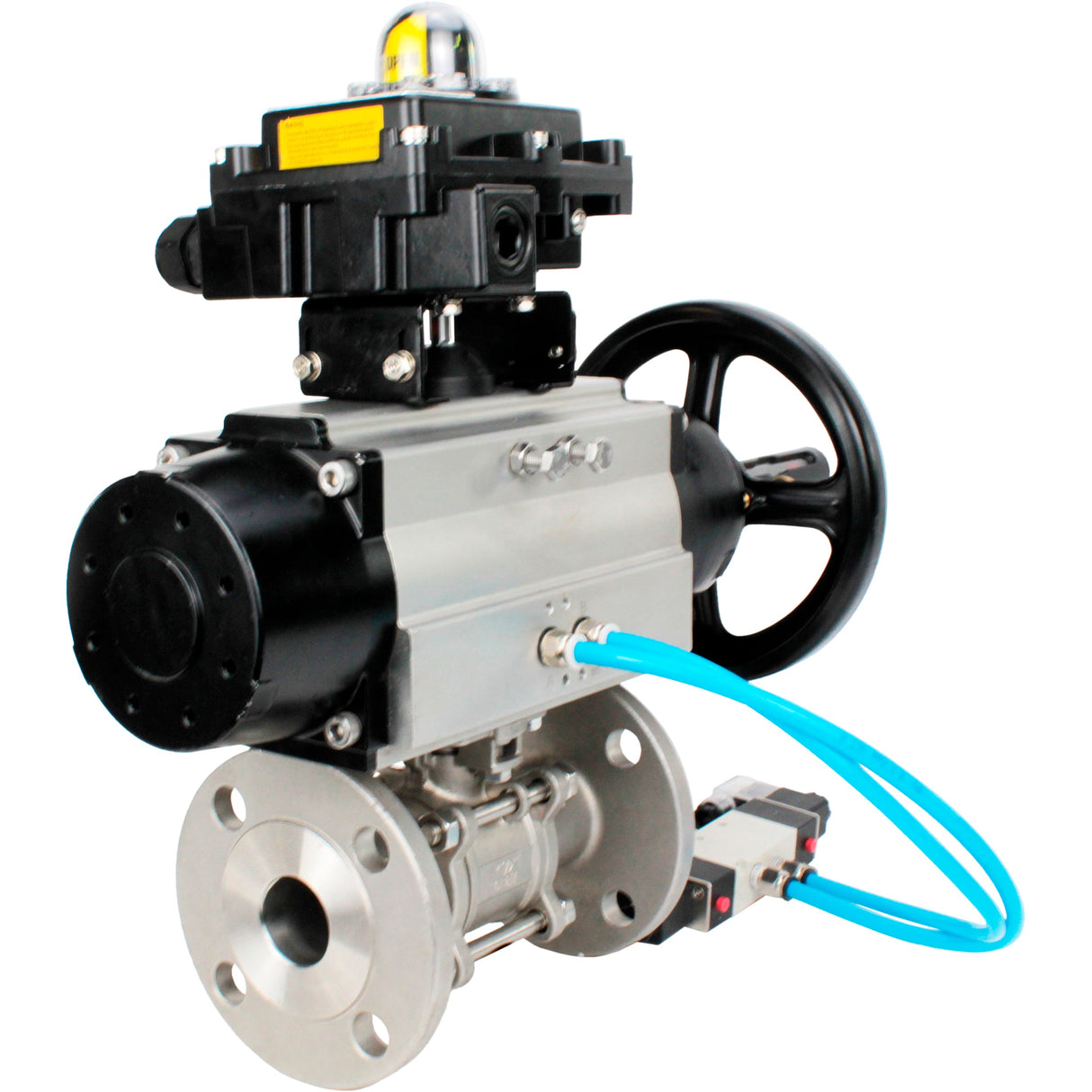 Ball valves Elephant BV3232P(3pc)-FP-F-ISO-H DN65-80 16 bar, three-piece full bore flanged, stainless steel SS304, seal - PTFE, with pneumatic actuator PA-DA-105-1 double acting, with pneumatic distributor 4V320-08 220V, with LSU APL-410N EX