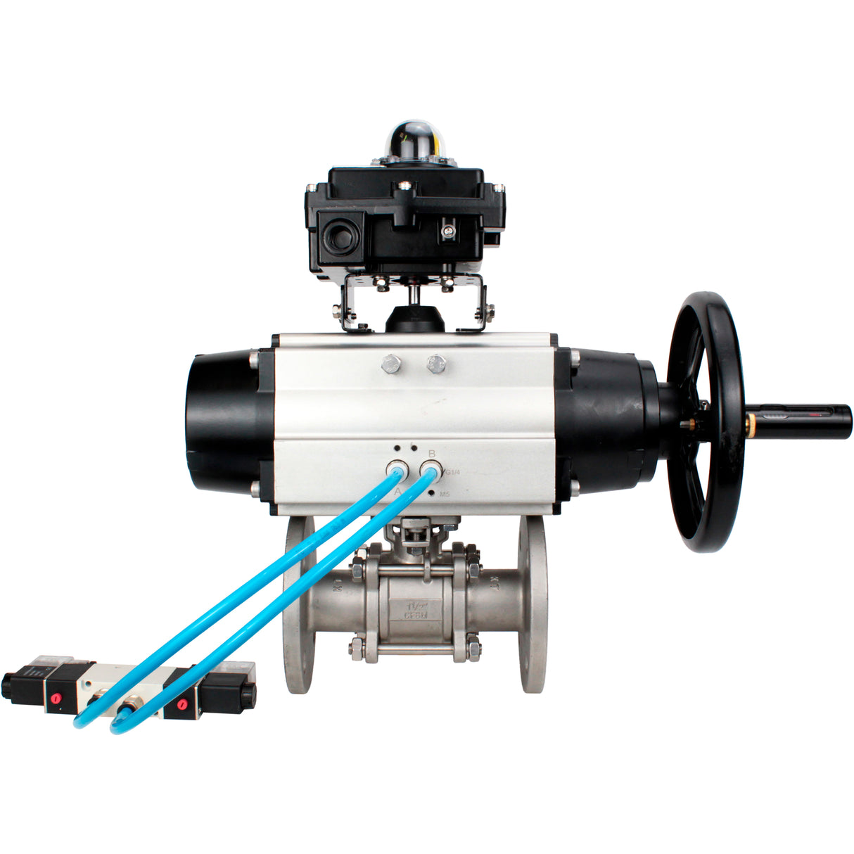 Ball valves Elephant BV3131P(3pc)-FP-F-ISO-H DN65-80 16 bar, three-piece full bore flanged, stainless steel SS304, seal - PTFE, with pneumatic actuator PA-DA-105-1 double acting, with pneumatic distributor 4V320-10 220V, with LSU APL-410N EX