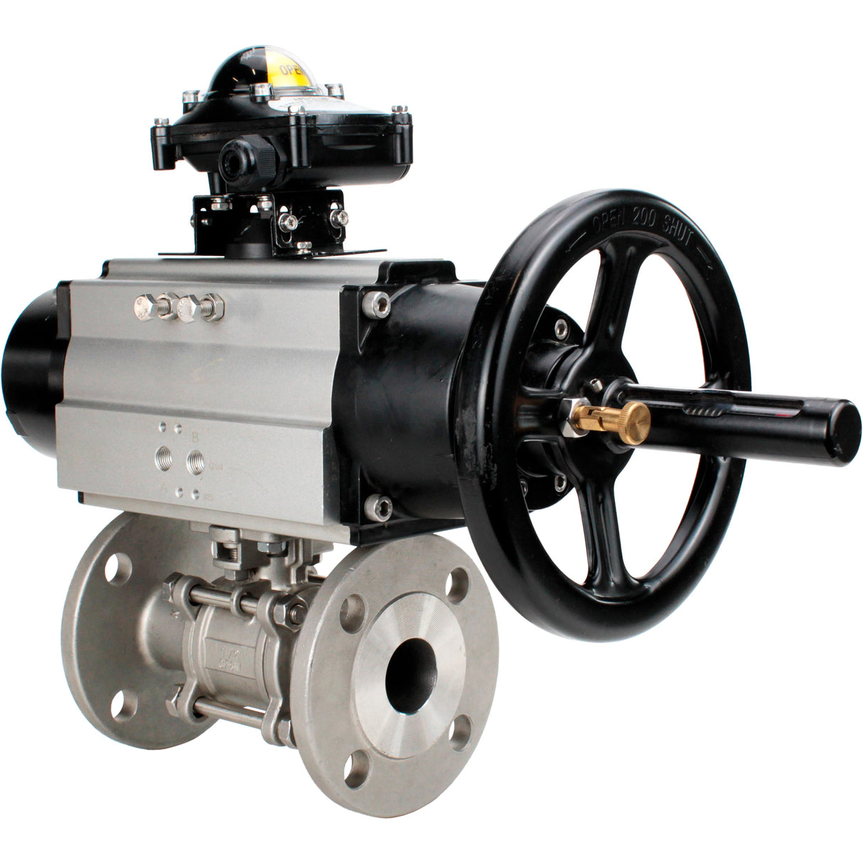 Robinets à boisseau sphérique Elephant BV3232P(3pc)-FP-F-ISO-H DN65-80 16 bar trois pièces à passage intégral à brides, corps - acier inoxydable SS304, joint - PTFE, avec actionneur pneumatique Elephant PA-DA et BKV APL-210N