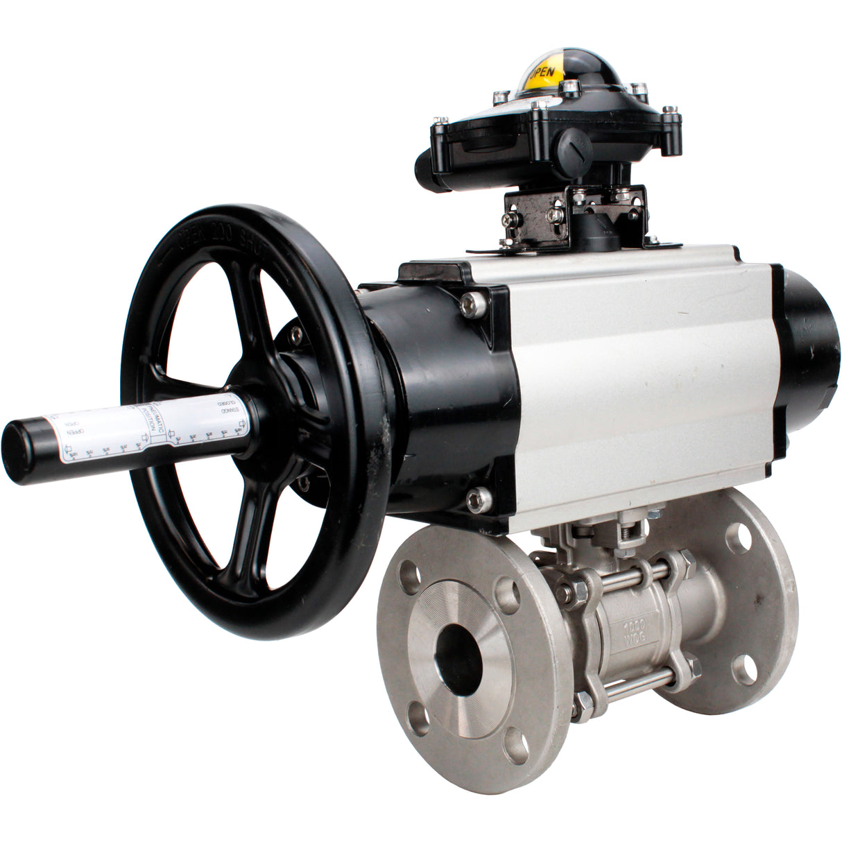 Robinets à boisseau sphérique Elephant BV3131P(3pc)-FP-F-ISO-H DN65-80 16 bar trois pièces à passage intégral à brides, corps - acier inoxydable SS304, joint - PTFE, avec actionneur pneumatique Elephant PA-DA et BKV APL-210N