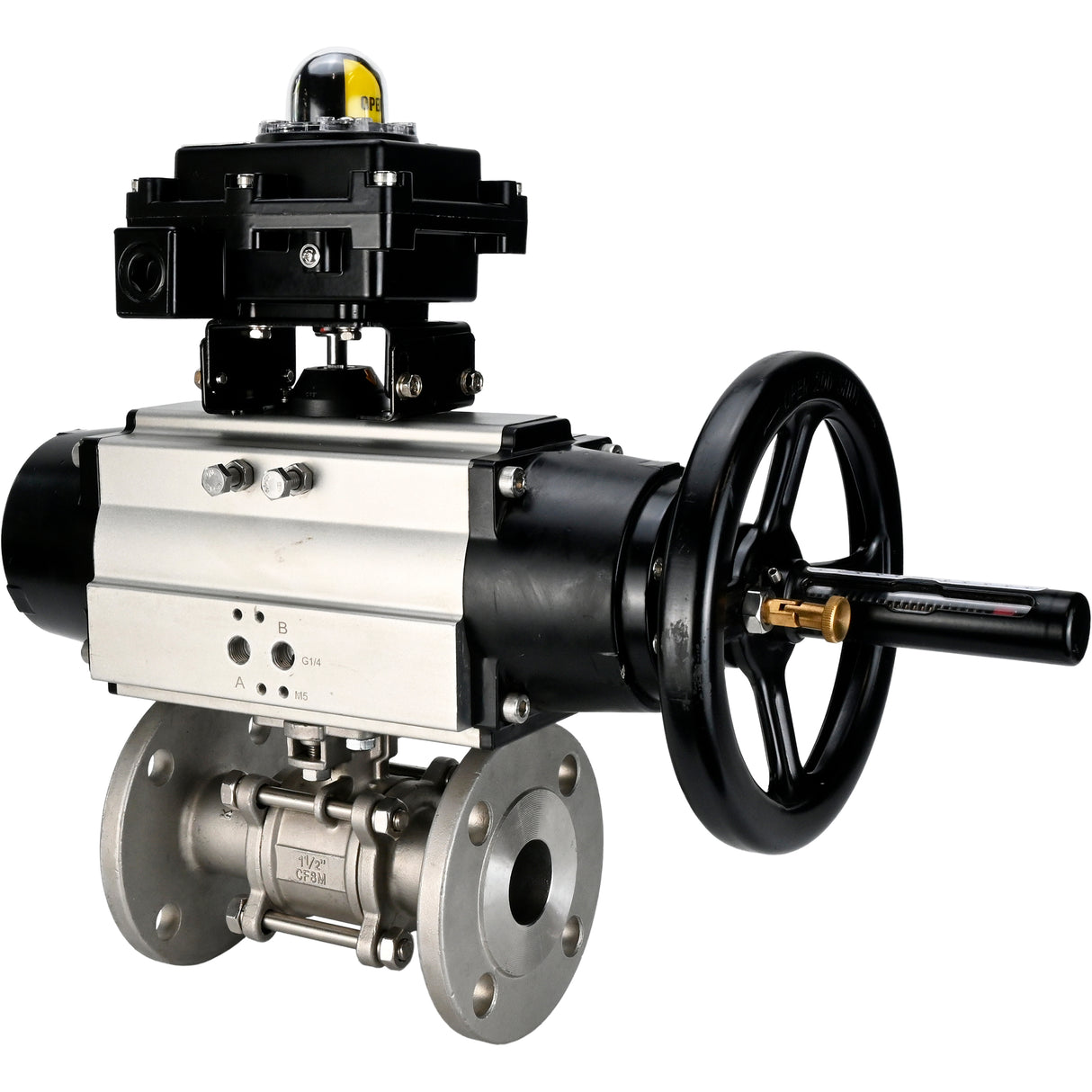 Robinets à boisseau sphérique Elephant BV3131P(3pc)-FP-F-ISO-H DN65-80 16 bar trois pièces à passage intégral à brides, corps - acier inoxydable SS304, joint - PTFE, avec actionneur pneumatique Elephant PA-DA et BKV APL-410N EX