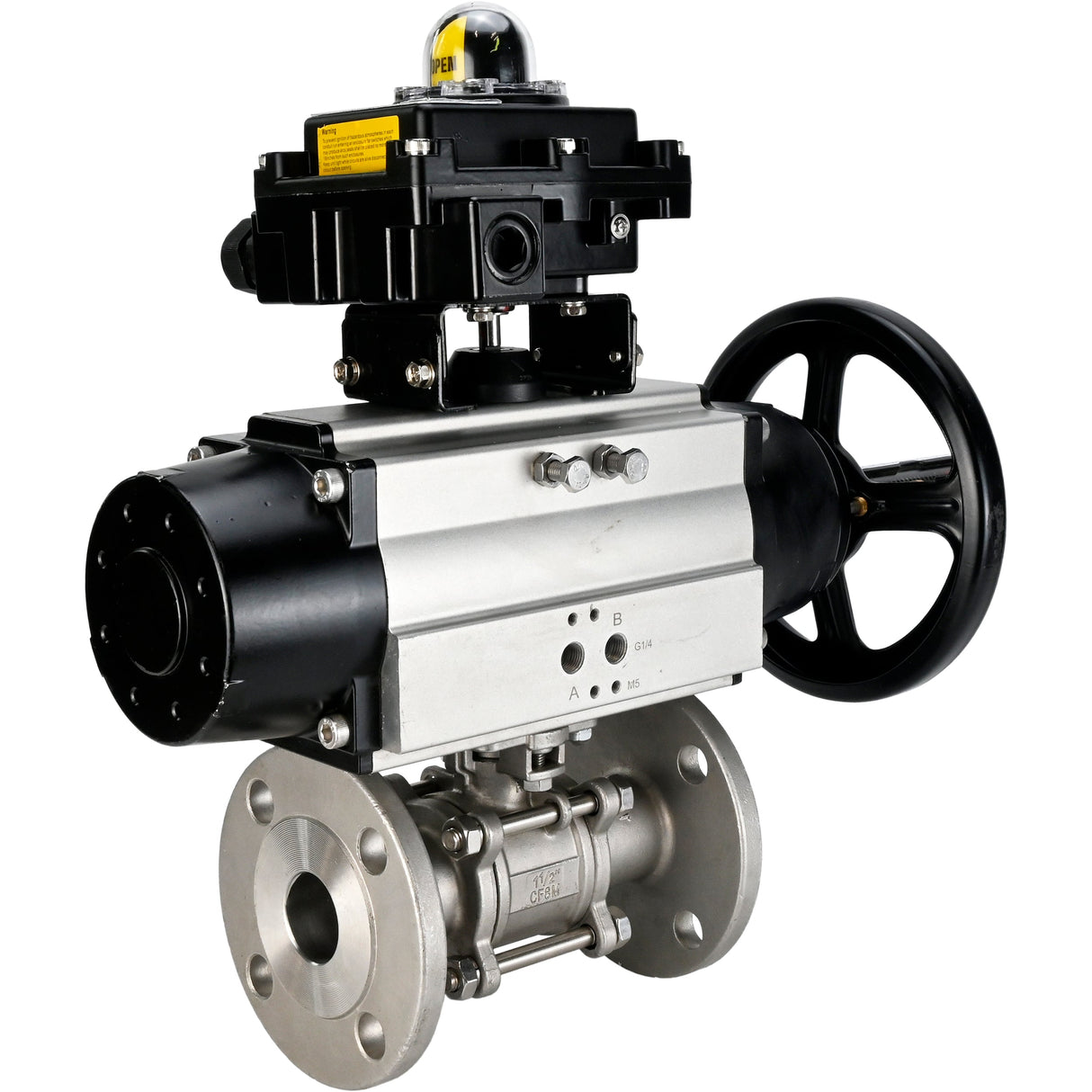 Robinets à boisseau sphérique Elephant BV3232P(3pc)-FP-F-ISO-H DN65-80 16 bar trois pièces à passage intégral à brides, corps - acier inoxydable SS304, joint - PTFE, avec actionneur pneumatique Elephant PA-DA et BKV APL-410N EX