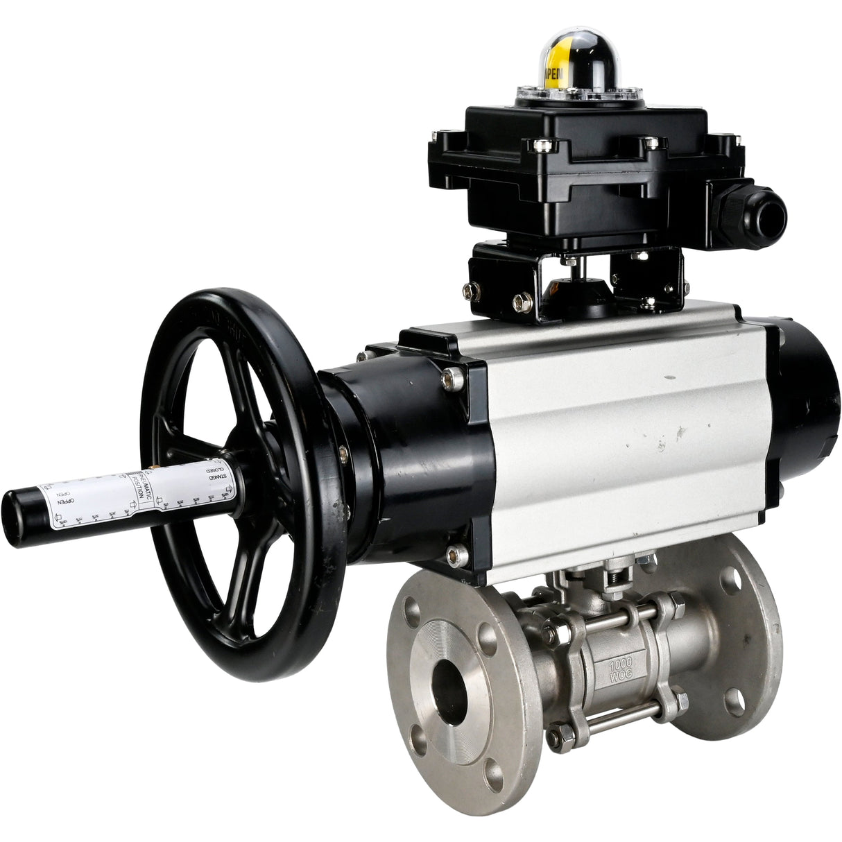 Robinets à boisseau sphérique Elephant BV3232P(3pc)-FP-F-ISO-H DN65-80 16 bar trois pièces à passage intégral à brides, corps - acier inoxydable SS304, joint - PTFE, avec actionneur pneumatique Elephant PA-DA et BKV APL-410N EX