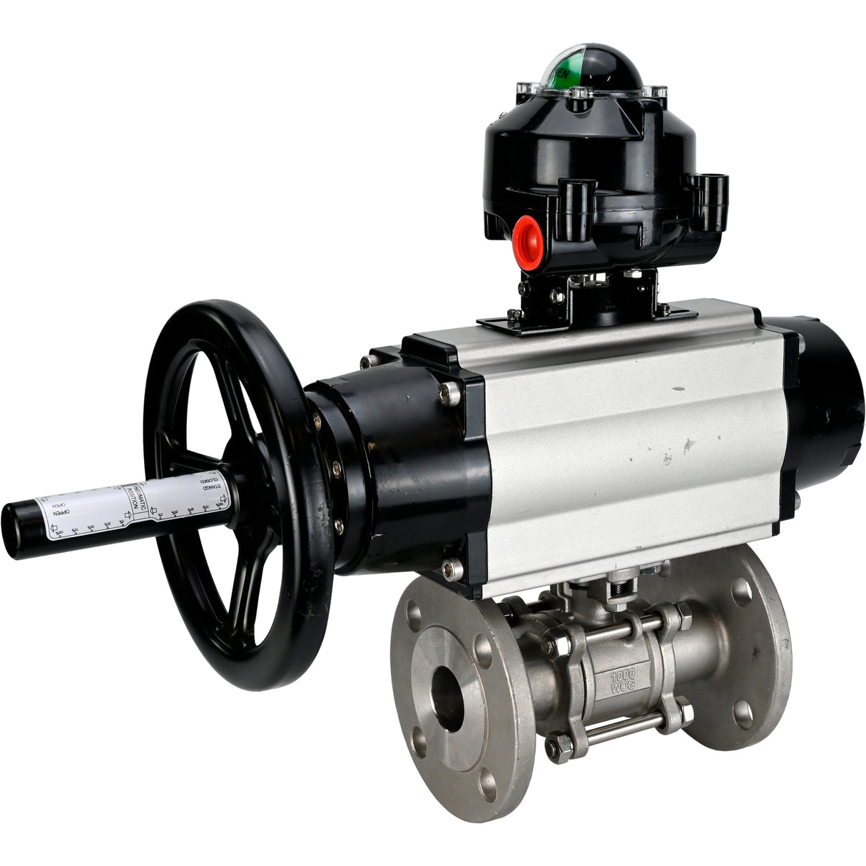 Robinets à boisseau sphérique Elephant BV3131P(3pc)-FP-F-ISO-H DN65-80 16 bar trois pièces à passage intégral à brides, corps - acier inoxydable SS304, joint - PTFE, avec actionneur pneumatique Elephant PA-DA et BKV APL-510N EX
