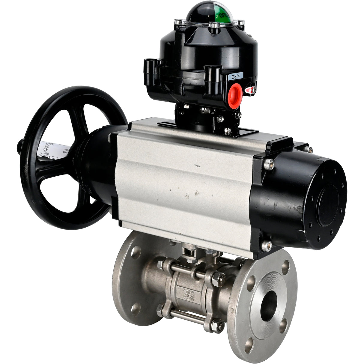 Robinets à boisseau sphérique Elephant BV3131P(3pc)-FP-F-ISO-H DN65-80 16 bar trois pièces à passage intégral à brides, corps - acier inoxydable SS304, joint - PTFE, avec actionneur pneumatique Elephant PA-DA et BKV APL-510N EX