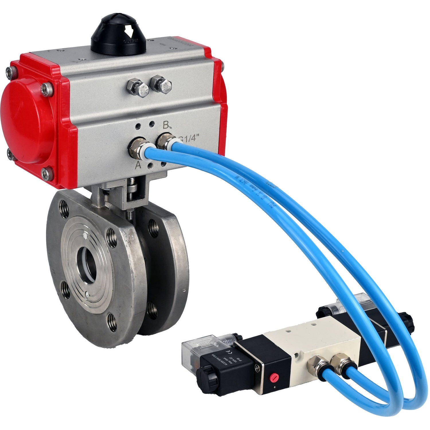 Vannes à boisseau sphérique Elephant BV3232P-FP-Fb-ISO-H 16 bar, passage intégral entre brides, acier inoxydable SS316, joint - PTFE, avec actionneur pneumatique double effet PA-DA, avec distributeur pneumatique 4V320-08 220V