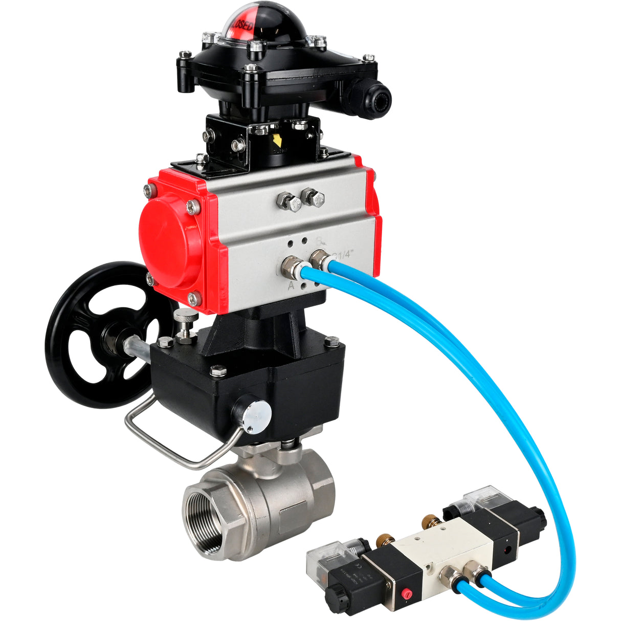 Ball valves Elephant BV3232P(2pc)-FP-T-ISO-H DN10-50 16 bar, full bore coupling, stainless steel SS316, seal - PTFE, with double-acting PA-DA pneumatic actuator, with pneumatic distributor 4V320-08 220V, with LSU APL -210N, with manual Doubler MON1-250-T2