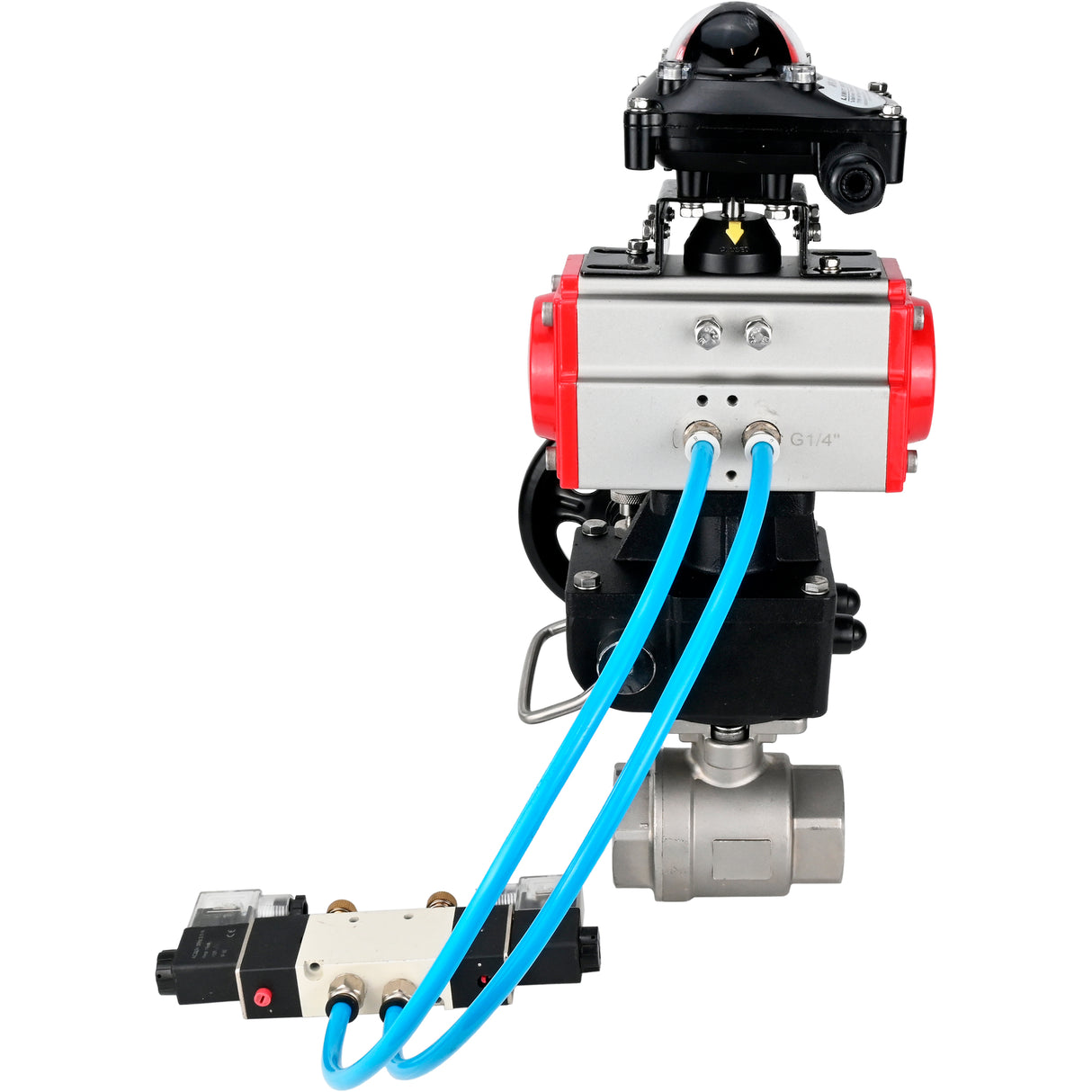 Ball valves Elephant BV3232P(2pc)-FP-T-ISO-H DN10-50 16 bar, full bore coupling, stainless steel SS316, seal - PTFE, with double-acting PA-DA pneumatic actuator, with pneumatic distributor 4V320-08 220V, with LSU APL -210N, with manual Doubler MON1-250-T2