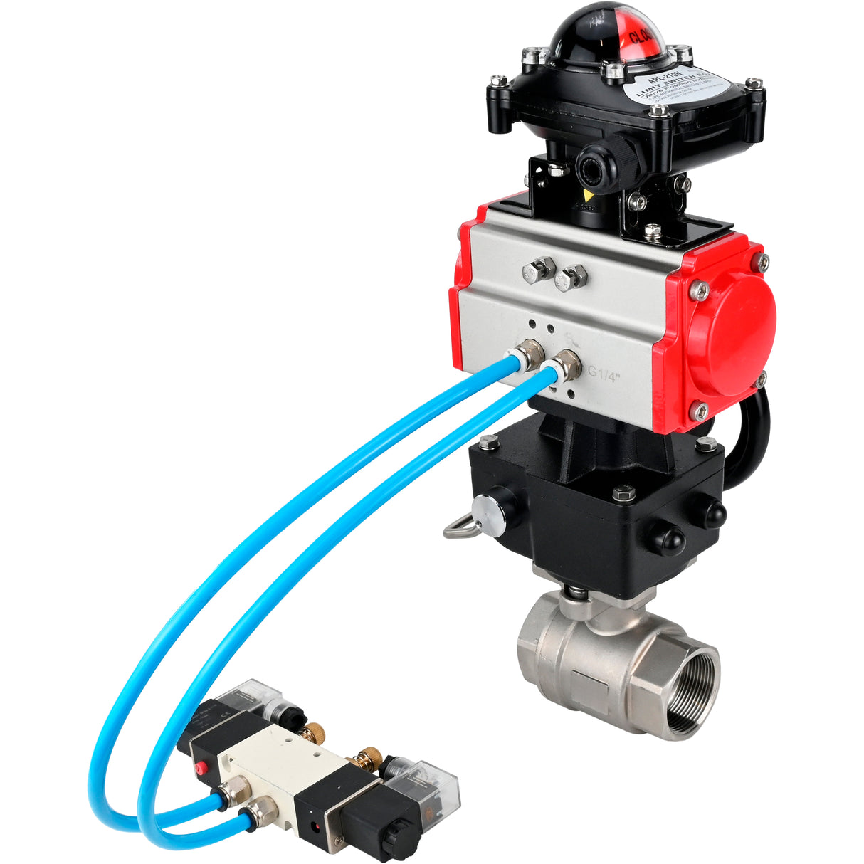 Ball valves Elephant BV3232P(2pc)-FP-T-ISO-H DN10-50 16 bar, full bore coupling, stainless steel SS316, seal - PTFE, with double-acting PA-DA pneumatic actuator, with pneumatic distributor 4V320-08 220V, with LSU APL -210N, with manual Doubler MON1-250-T2