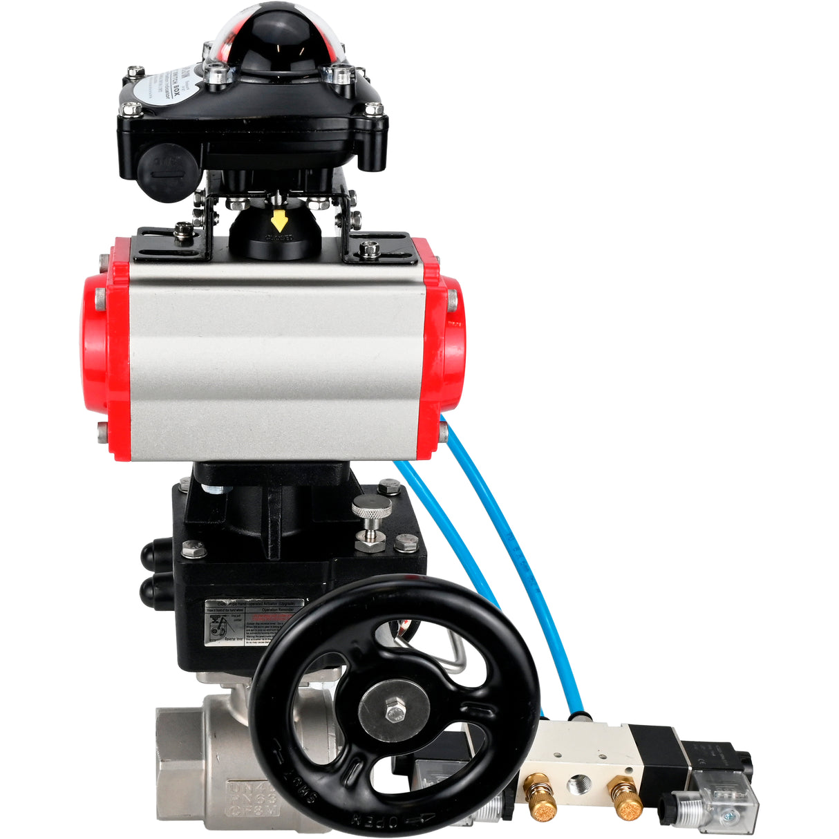 Ball valves Elephant BV3232P(2pc)-FP-T-ISO-H DN10-50 16 bar, full bore coupling, stainless steel SS316, seal - PTFE, with double-acting PA-DA pneumatic actuator, with pneumatic distributor 4V320-08 220V, with LSU APL -210N, with manual Doubler MON1-250-T2