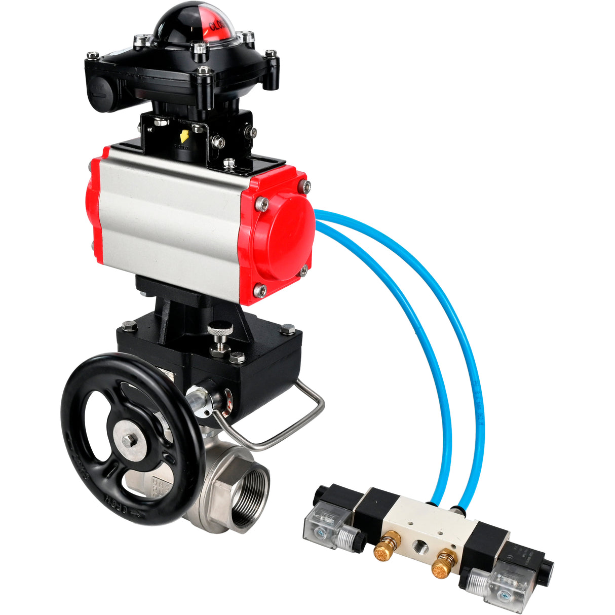 Ball valves Elephant BV3232P(2pc)-FP-T-ISO-H DN10-50 16 bar, full bore coupling, stainless steel SS316, seal - PTFE, with double-acting PA-DA pneumatic actuator, with pneumatic distributor 4V320-08 220V, with LSU APL -210N, with manual Doubler MON1-250-T2