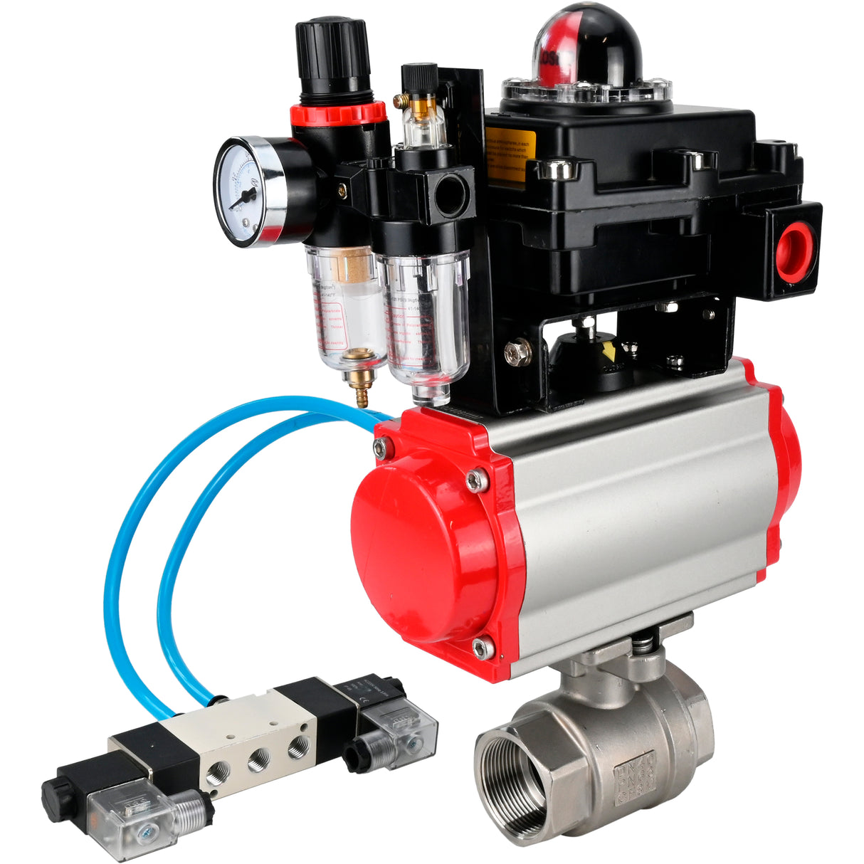 Ball valves Elephant BV3232P(2pc)-FP-T-ISO-H 16 bar, full bore coupling, stainless steel SS316, seal - PTFE, with double-acting PA-DA pneumatic actuator, with pneumatic distributor 4V320-10 220V, with LSU APL -410N EX, with ATU AFC2000